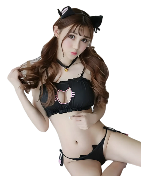 Model wearing a black cute neko cat lingerie and sexy cat cosplay set, featuring a keyhole top, cat ears, bell collar, and tai.