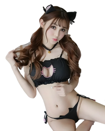 Model wearing a black cute neko cat lingerie and sexy cat cosplay set, featuring a keyhole top, cat ears, bell collar, and tai.