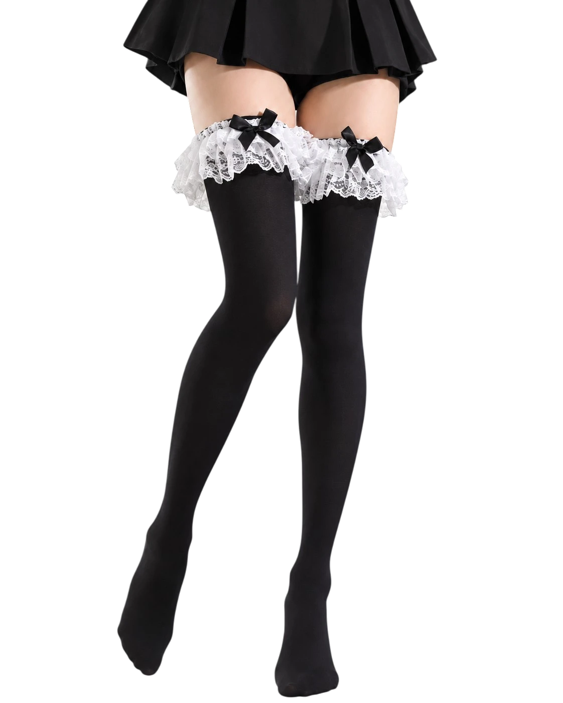 Black thigh-high stockings worn with a black skirt and white lace garter belt with black bows, shown on a model's legs against a black background.