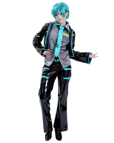 Person wearing a black and gray outfit with blue accents on a white background