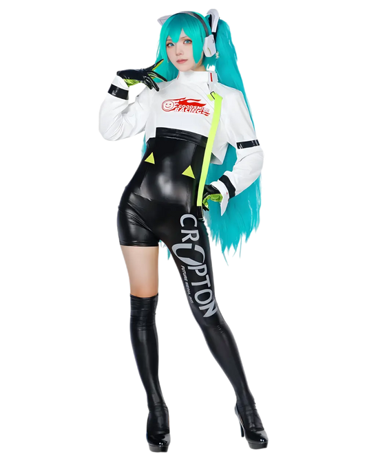 Person in a futuristic outfit with black leather pants and white jacket on a white background