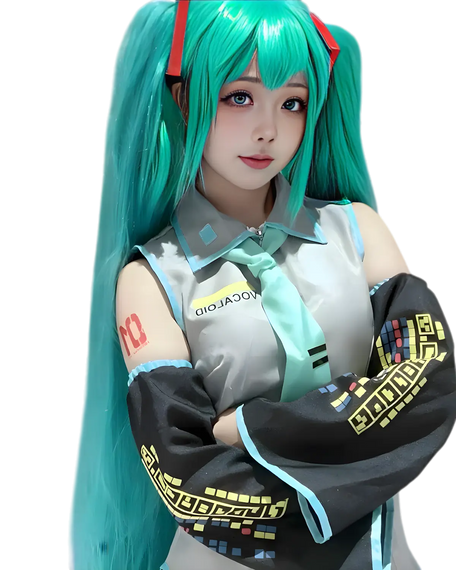 Person with teal hair and a futuristic outfit on a white background