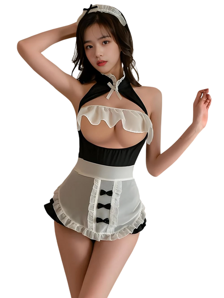 Person wearing a black and white maid costume on a white background