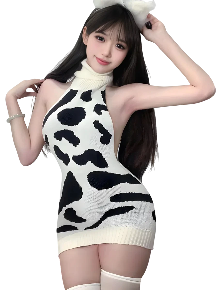 Adult cow outfit knitted backless mini dress with cow headband - hucow costume front view