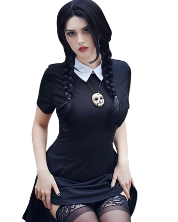 Person wearing a black dress with a white collar on a white background