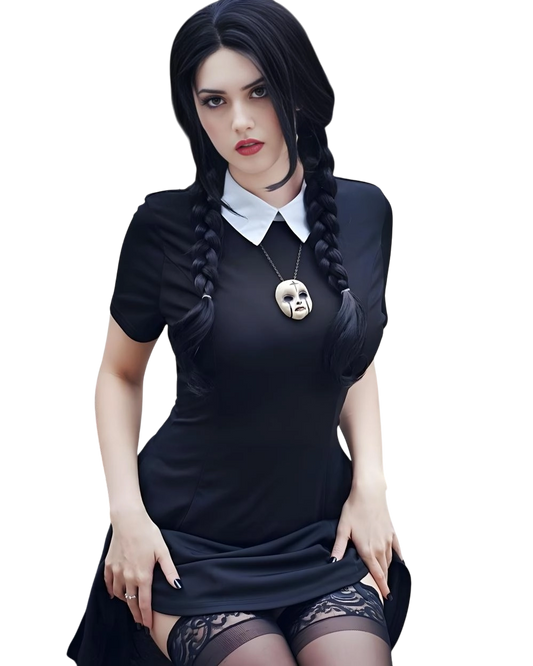 Person wearing a black dress with a white collar on a white background