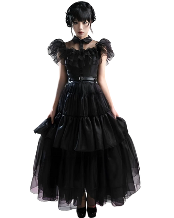 Woman wearing a black gothic-style dress on a white background