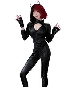 A model wearing Glossy anime latex suit catsuit for cosplay and costume events front 