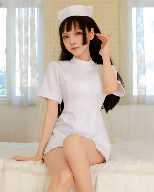 Woman in a white nurse outfit sitting on a bed with a neutral background