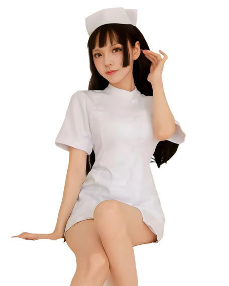 Person wearing a white nurse outfit on a white background