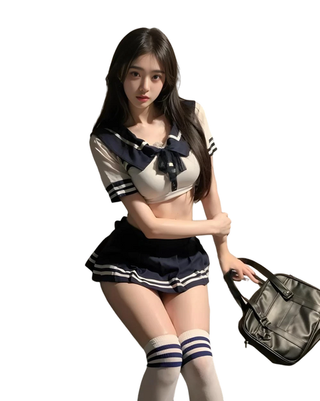 Person wearing a school uniform holding a bag on a white background