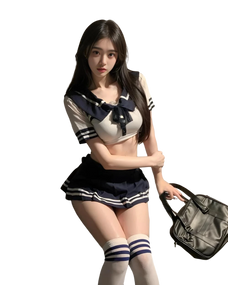Person wearing a school uniform holding a bag on a white background
