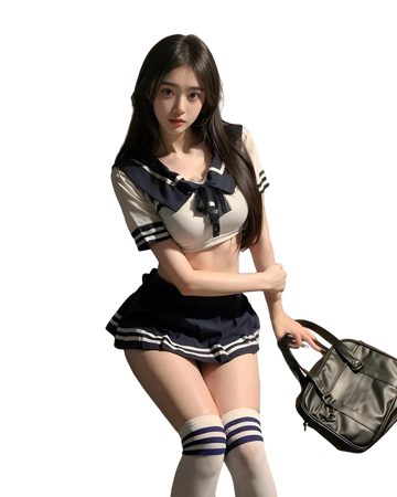 Person wearing a school uniform holding a bag on a white background