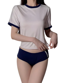 Person wearing a white and navy two-piece outfit on a white background