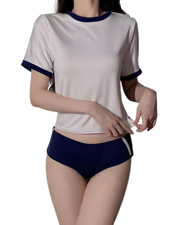 Person wearing a white and navy two-piece outfit on a white background