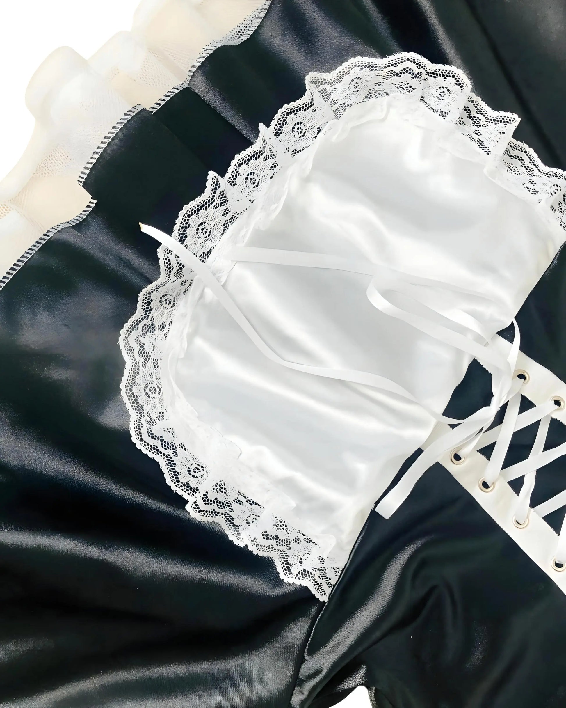 Black and white maid outfit with lace trim and apron, classic French maid costume for cosplay and themed events apron