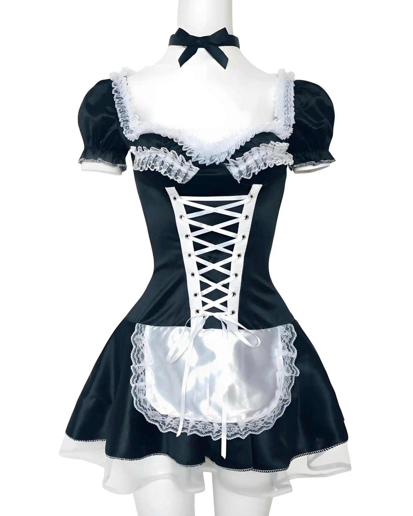 Black and white maid outfit with lace trim and apron, classic French maid costume for cosplay and themed events dress alone