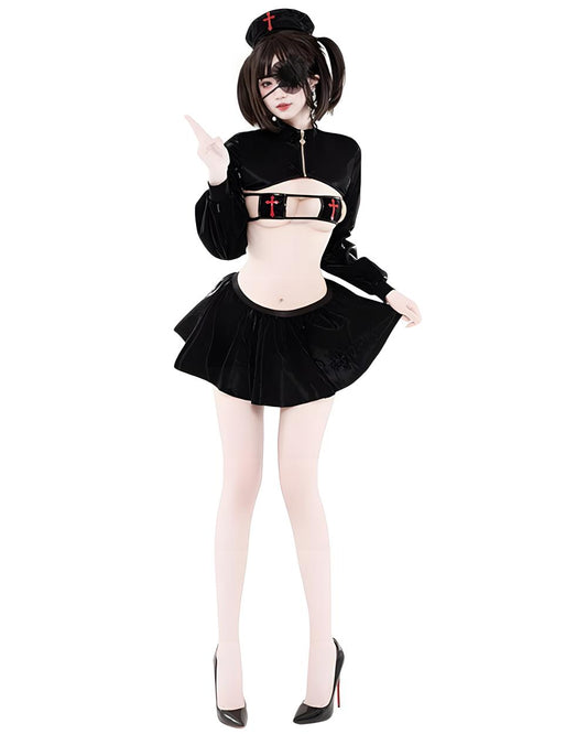Person wearing a black maid outfit with a skirt and top on a white background