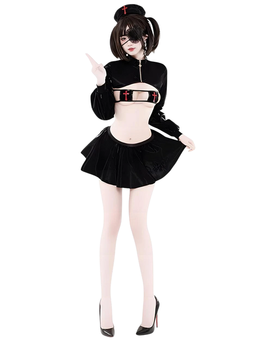 Person wearing a black outfit with a skirt and high heels on a white background