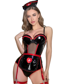 Woman wearing a black and red nurse-themed costume with a white background