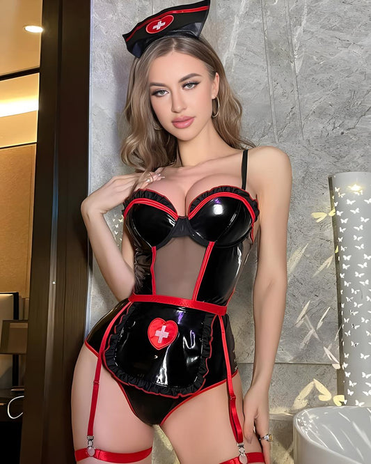 Person wearing a black and red nurse-themed outfit with a heart design.