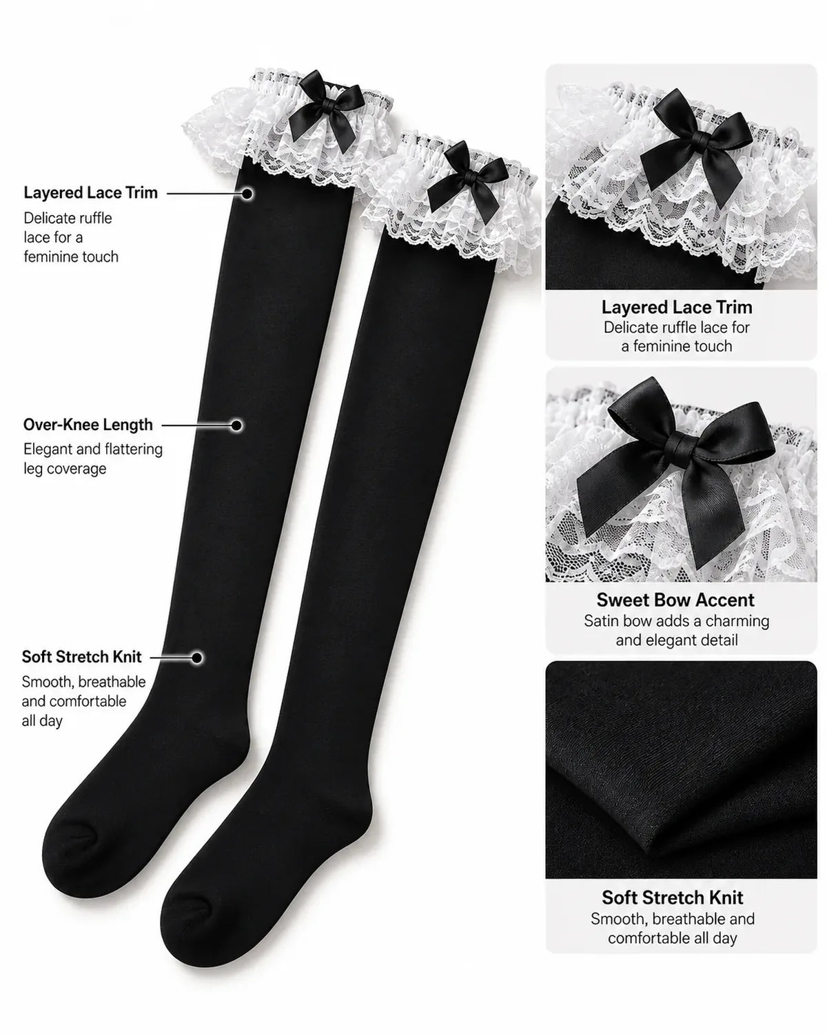 Black thigh high stockings with layered white lace, satin bow and stretch knit detail