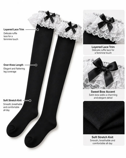 Black thigh high stockings with layered white lace, satin bow and stretch knit detail