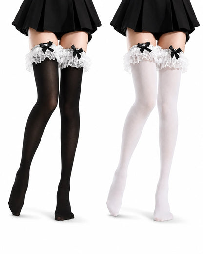 Black and white ruffled lace bow thigh high stockings shown side by side