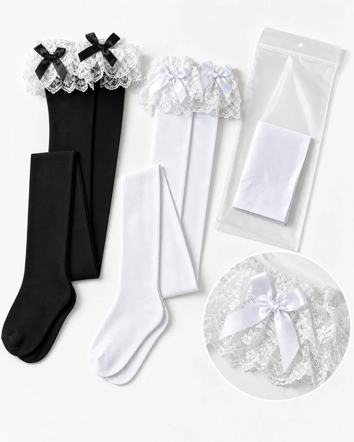 Black and white lace bow thigh high stockings displayed flat with matching bows