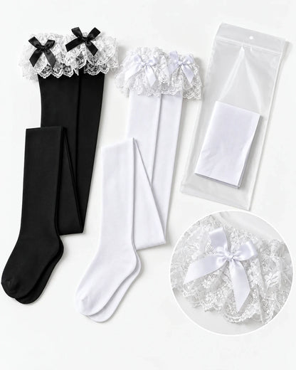 Black and white lace bow thigh high stockings displayed flat with matching bows