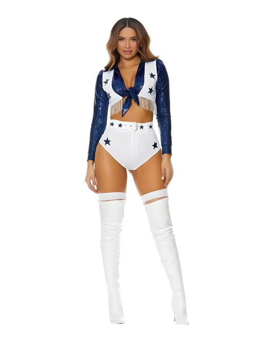 Woman wearing a costume with a white and blue outfit on a white background