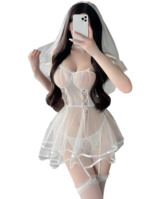 Bride cosplay lingerie set with sheer white bridal babydoll and veil