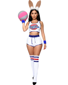 Person wearing a bunny costume with a pink and gray ball on a white background