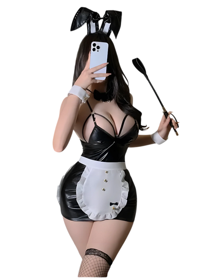 Bunny maid outfit with premium latex finish showing dress, apron and bunny ears. front view