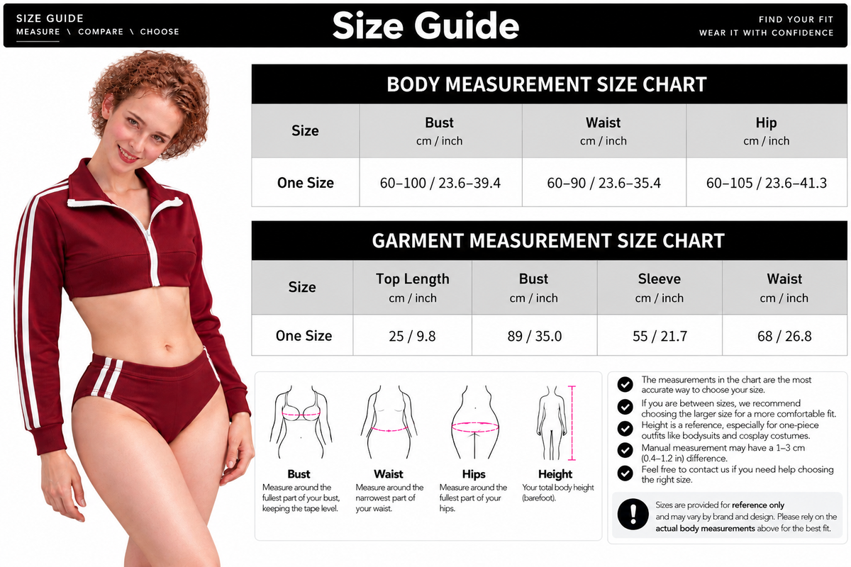 Premium size guide for the burgundy athletic cosplay uniform.