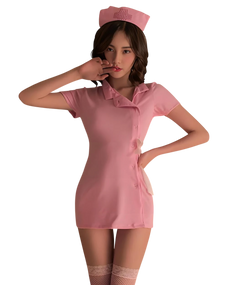 Person wearing a pink nurse costume on a white background