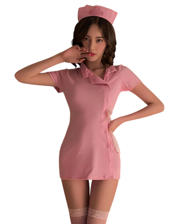 Person wearing a pink nurse costume on a white background