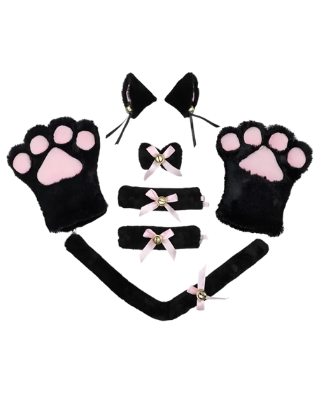 Cat-themed accessories including paw gloves, ears, and tail on a white background
