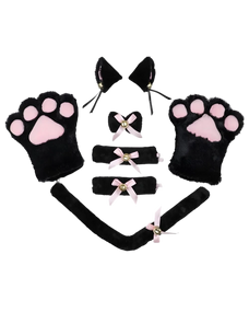 Cat-themed accessories including paw gloves, ears, and tail on a white background