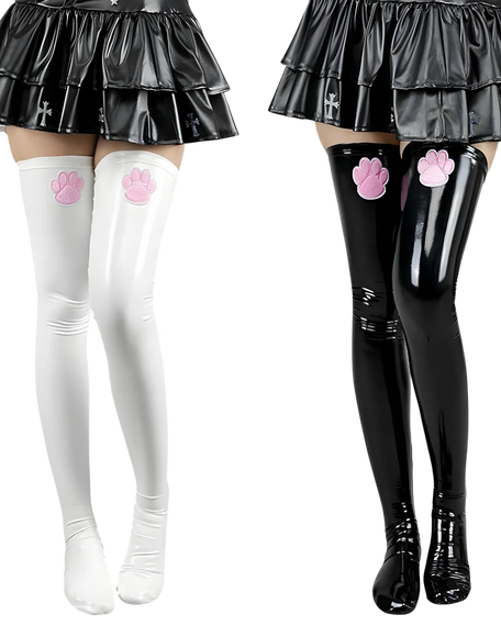 White and black thigh-high stockings with pink paw prints worn with black and black leather skirts.