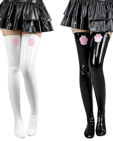 White and black thigh-high stockings with pink paw prints worn with black and black leather skirts.