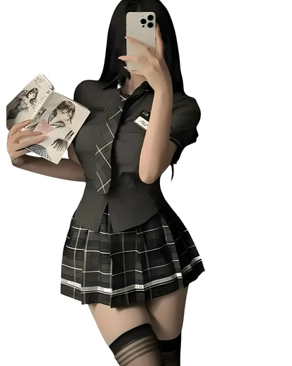 Sexy schoolgirl outfit with pleated mini skirt, a stylish school girl costume for cosplay  black