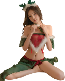 Woman in a festive costume with green and red outfit on a white background