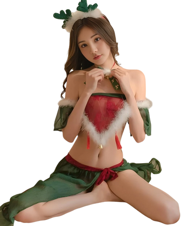 Woman in a festive costume with green and red outfit on a white background
