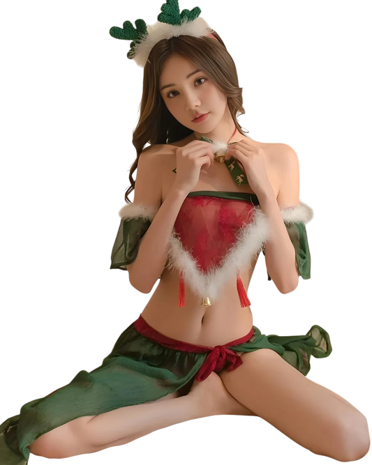 Woman in a festive costume with green and red outfit on a white background