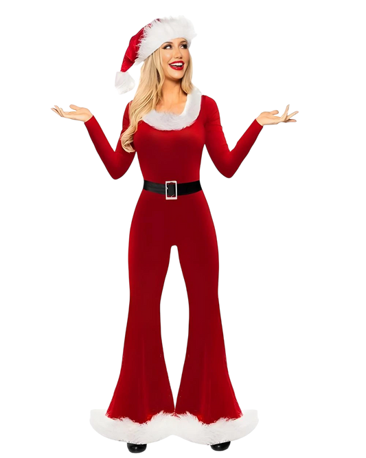 Woman wearing a red Santa Claus costume with a white hat on a white background