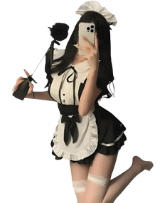 Classic French maid outfit with short skirt and lace detailing, black side 2