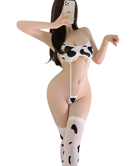 Cow costume for adults - sexy cow lingerie babydoll set with cow underwear front view