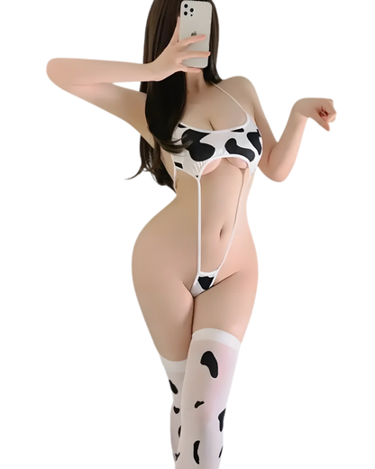 Cow costume for adults - sexy cow lingerie babydoll set with cow underwear front view