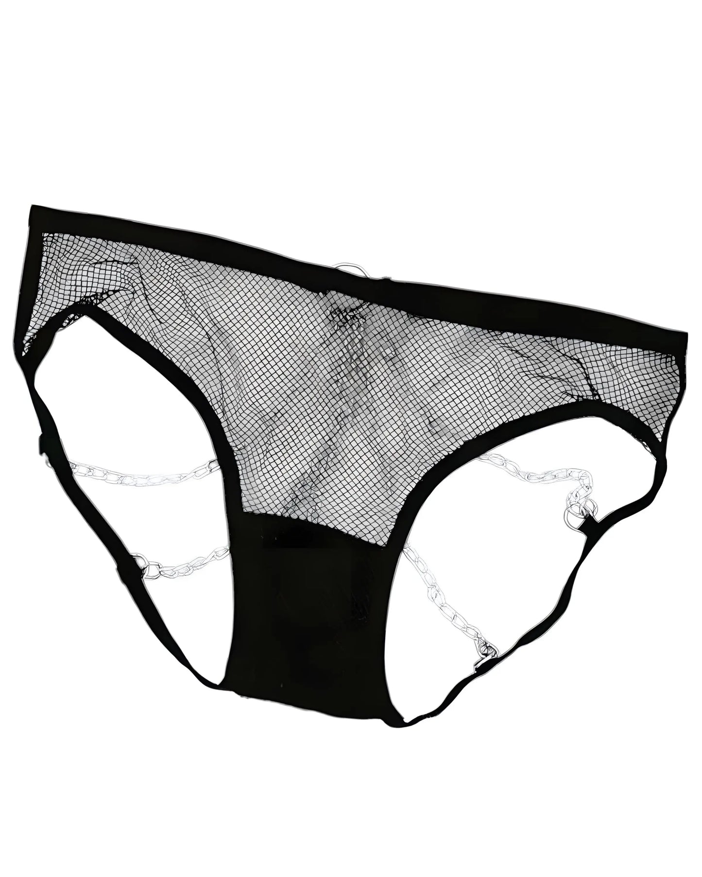 Daring chain panty with stylish mesh detailing and metallic accents.